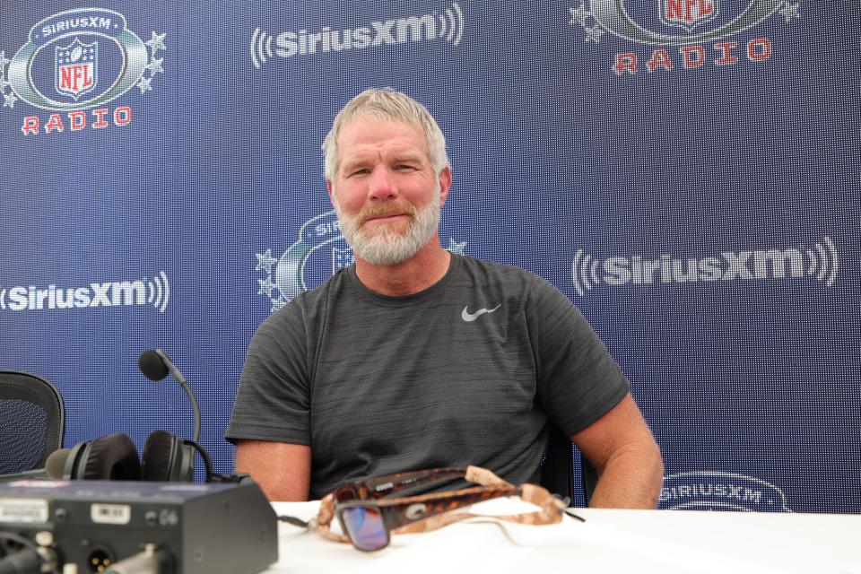 Brett Favre takes a break from his SiriusXM show on Radio Row prior to Super Bowl 56 in Los Angeles.