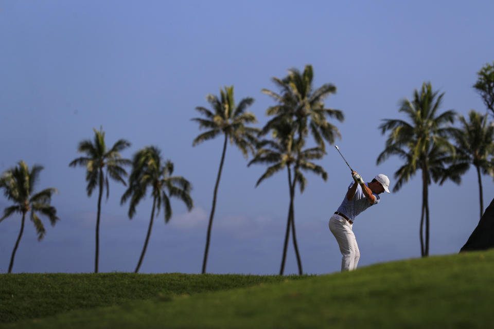 Billy Horschel hits from the 11th tee during the second round of the Sony Open golf tournament Friday, Jan. 15, 2021, at Waialae Country Club in Honolulu. (AP Photo/Jamm Aquino)