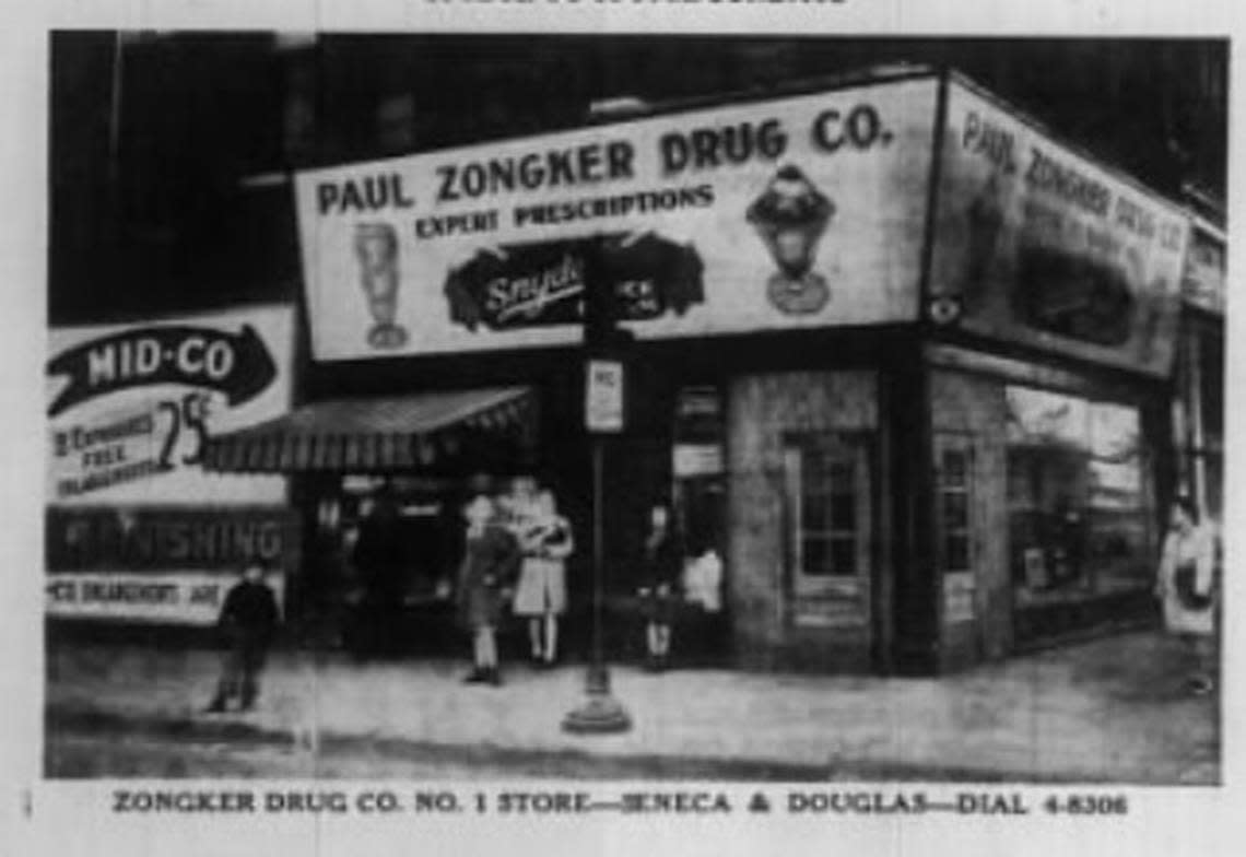 This photo of the Zongker’s Drug on the southwest corner of Douglas and Seneca ran in an advertisement in The Wichita Eagle in February 1946.