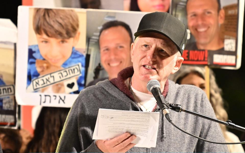 US actor Michael Rappaport speaks during a rally with the families of hostages and their supporters outside The Museum of Art known as the 'The Hostages and Missing Square'