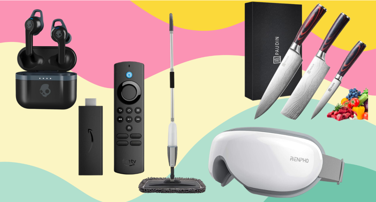 Amazon deals Canada: Collage on colourful background including Amazon Fire TV remote, knife set, eye mask and headphones.