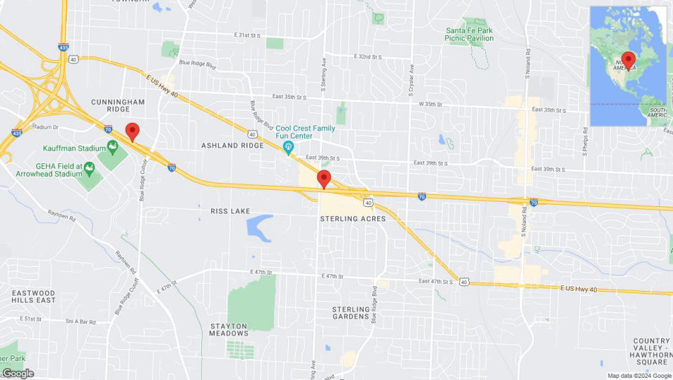 A detailed map that shows the affected road due to 'I-70 closed in Kansas City' on May 11th at 5:24 p.m.