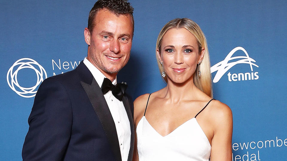 Lleyton Hewitt and wife Bec, pictured here at the 2018 Newcombe Medal. 