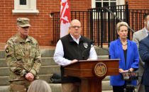 Maryland Gov. Larrry Hogan Hogan gives an update on the coronavirus pandemic Thursday, March 19, 2020 at the State House in Annapolis. He said the state Department of Transportation will restrict access to BWI-Thurgood Marshall terminal to ticketed passengers and necessary personnel. (Amy Davis/The Baltimore Sun via AP) )