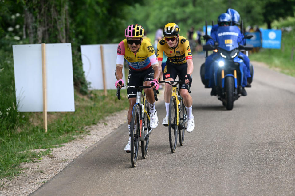 SALINSLESBAINS  JUNE 08 LR Richard Carapaz of Ecuador and Team EF EducationEasyPost and Jonas Vingegaard of Denmark and Team JumboVisma compete in the breakaway during the 75th Criterium du Dauphine 2023 Stage 5 a 1911km stage from CormoranchesurSane to SalinslesBains  UCIWT  on June 08 2023 in SalinslesBains France Photo by Dario BelingheriGetty Images