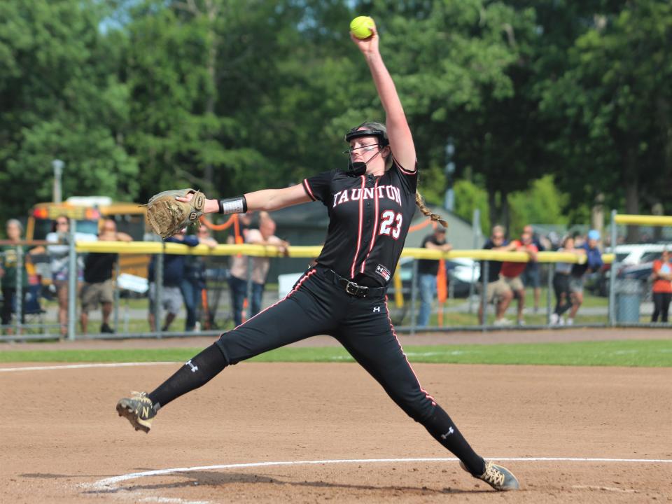 Taunton's Sam Lincoln throws a pitch during an MIAA Division I Final Four game against King Philip on June 15, 2023.