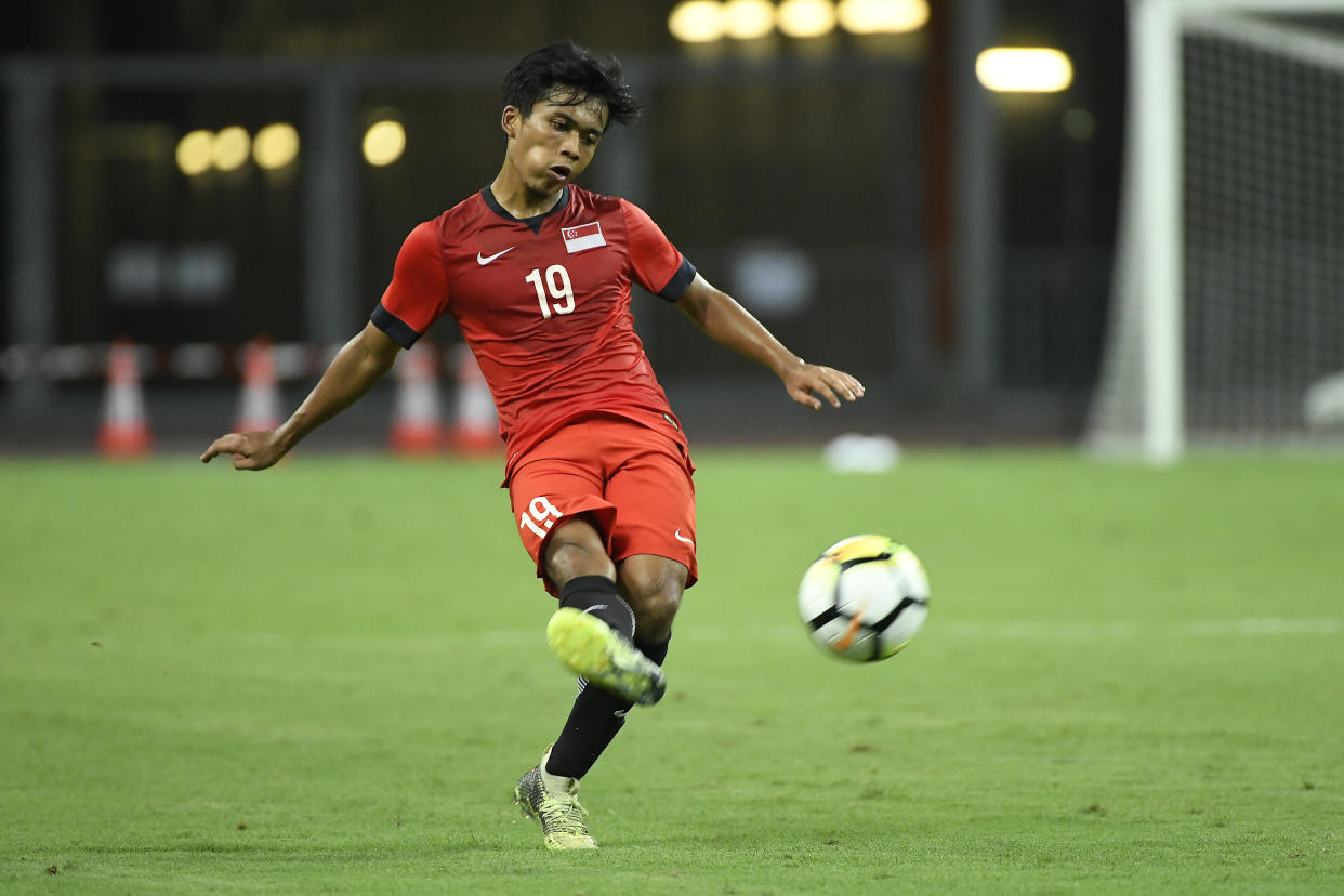 SINGAPORE - MARCH 21: Singapore U23's Hami Syahin with the ball during the international friendly match between Singapore U23 and Indonesia U23 at the National Stadium on March 21, 2018, in Singapore, Singapore. (Photo by Pictobank/Getty Images)