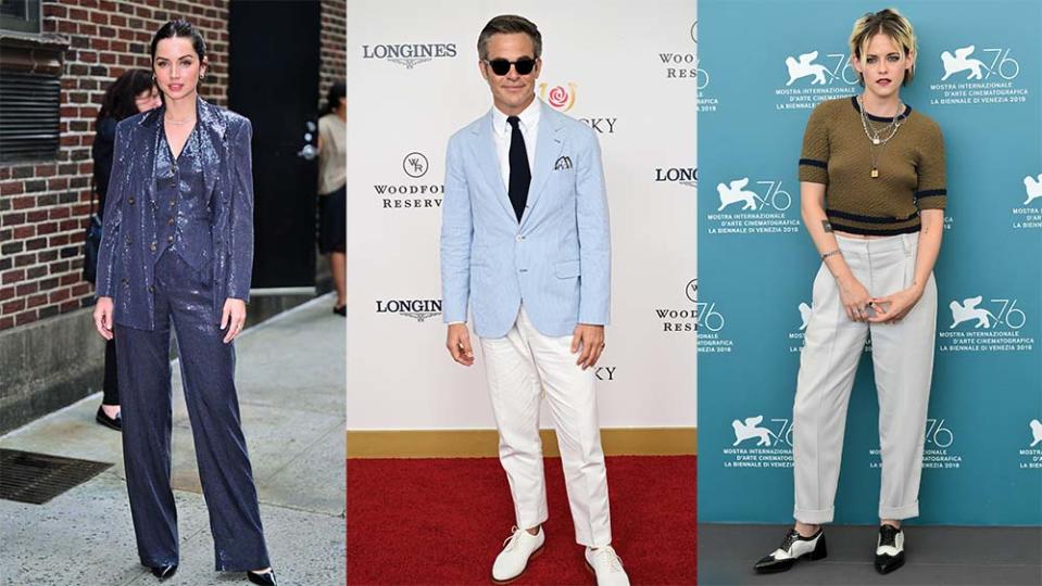 Ana de Armas in 2022 in sequined Brunello Cucinelli; Chris Pine wearing the brand at this year’s Kentucky Derby; Kristen Stewart in the label’s trousers at the Venice Film Festival in 2019