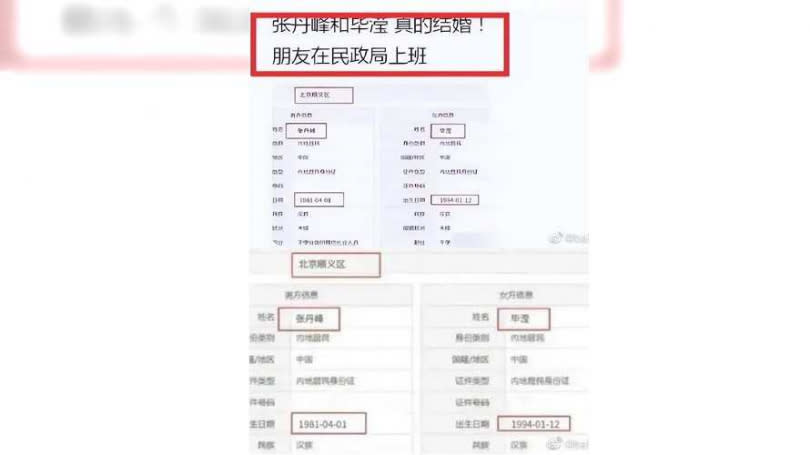 有網友曬出張丹峰與畢瀅的結婚資料，但兩人至今沒有承認，張丹峰也表示會寄律師函。（圖／翻攝自微博）