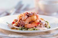 Tuck into this delicious and warming <a rel="nofollow" href="https://au.lifestyle.yahoo.com/better-homes-gardens/recipes/r/8690287/warm-zucchini-salad-with-squid-and-prawns/" data-ylk="slk:zucchini salad with squid and prawns;elm:context_link;itc:0;sec:content-canvas" class="link ">zucchini salad with squid and prawns</a>. It’s fresh, healthy and tastes just like summer should in the cooler months.