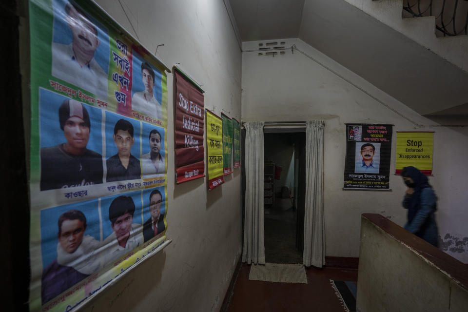 Anisha Islam Insha, 17, daughter of Ismail Hossain Baten, who disappeared in 2019, walks in the office of Mayer Daak, Mother's Call, a platform for family members of victims of enforced disappearances in Bangladesh, in Dhaka, Bangladesh, Thursday, Jan. 4, 2024. The main opposition Bangladesh Nationalist Party, led by former premier Khaleda Zia, have accused Prime Minister Sheikh Hasina's government of a major crackdown targeting its supporters and opposition politicians on what they say are trumped-up charges in the lead-up to the polls. (AP Photo/Altaf Qadri)