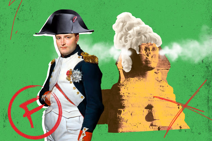 Photo illustration of Napoleon and a bewigged Sphinx, with a report-card-style red F