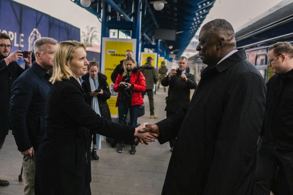 US secretary of defence Lloyd Austin is welcomed as he arrives in Kyiv (via REUTERS)
