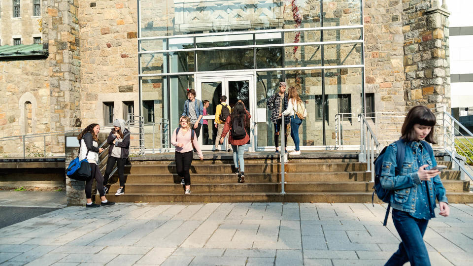 Medium group of multi-ethnic students going in and out of University-College entrance.