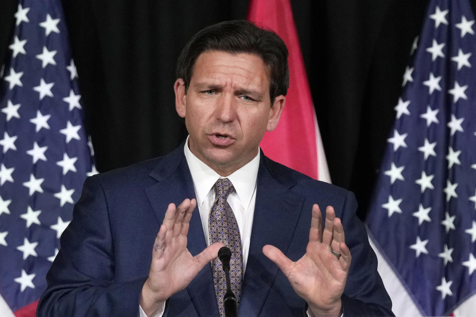 FILE - Florida Gov. Ron DeSantis speaks as he announces a proposal for Digital Bill of Rights, Feb. 15, 2023, at Palm Beach Atlantic University in West Palm Beach, Fla. DeSantis’ office has asked for records from a state attorney regarding a suspect in the fatal shootings on Feb. 22, 2023, of a TV reporter, a 9-year-old girl and a woman. The request is leading to speculation that he is poised to remove a second Florida prosecutor. (AP Photo/Wilfredo Lee, File)