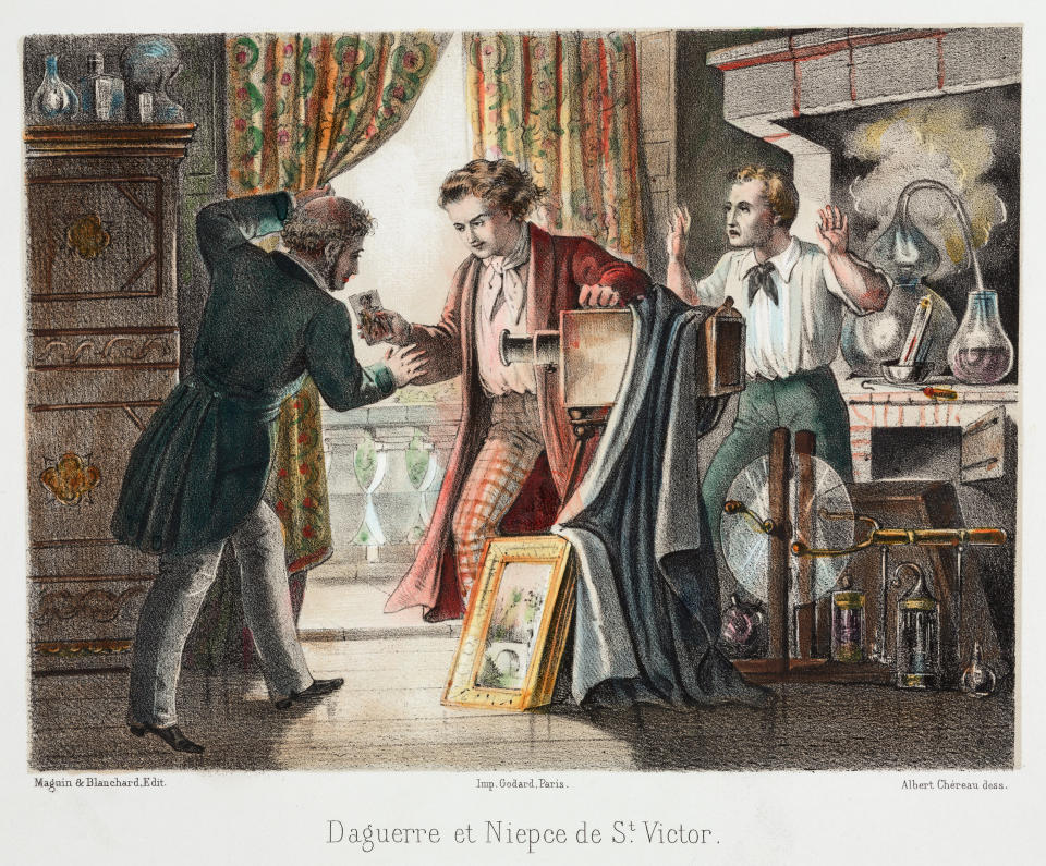 Chromolithograph by Chereau showing Louis Jacques Mande Daguerre and the nephew of Joseph Niepce, Claude-Felix-Abel Niepce de Saint-Victor. Daguerre (1787-1851)