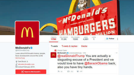 A message to Donald Trump appears on the McDonald's Twitter account timeline -- which McDonald's said was hacked -- in a screen capture March 16, 2017. REUTERS/TV