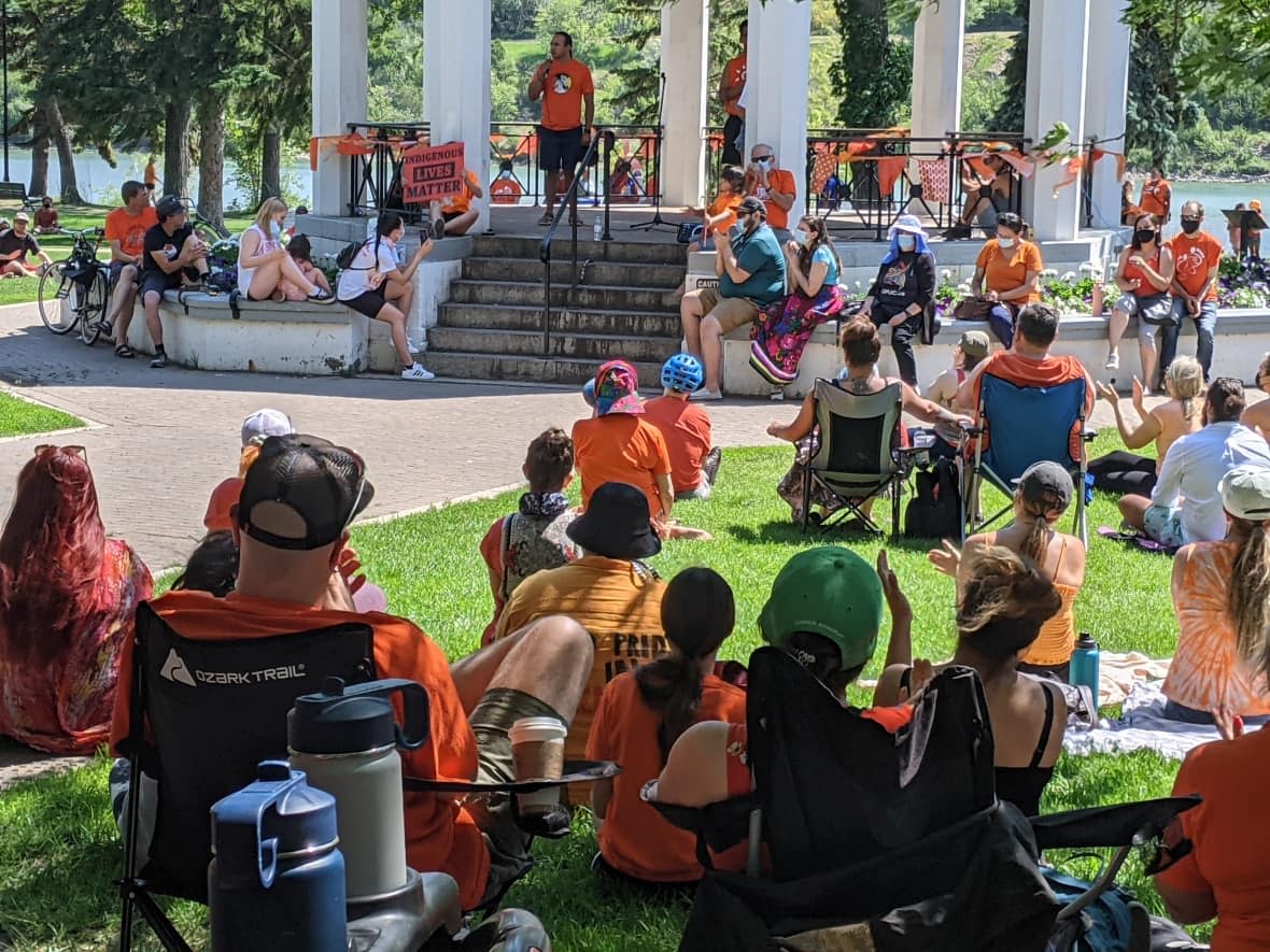 Last year, a gathering meant to commemorate children who died while attending residential schools across Canada was held in Saskatoon's Kiwanis Park on July 1. The meaning will carry forward to this year's July 1 gathering.  (Dayne Patterson/CBC - image credit)