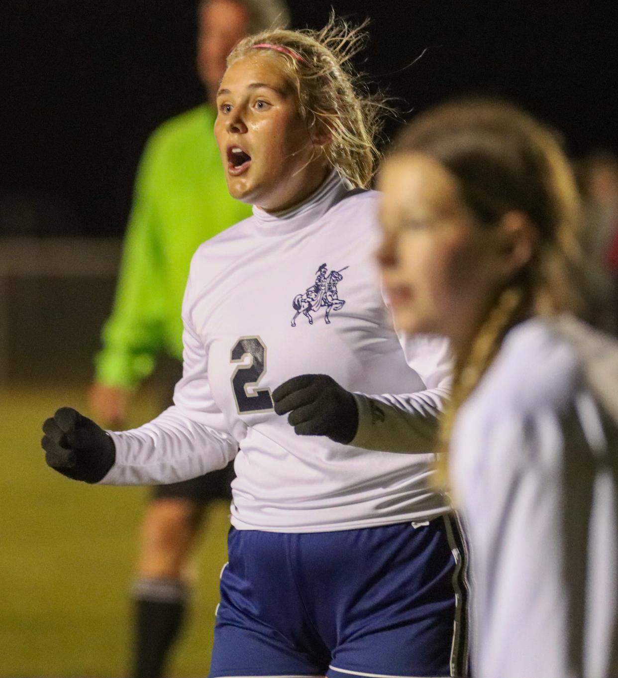 Addie Wallar yells during the IHSAA sectional 38 championship game against the Faith Christian Eagles on Oct. 7, 2023 at Benton Central High School in Oxford, Ind. Faith Christian defeated Lafayette Central Catholic, 1-0.