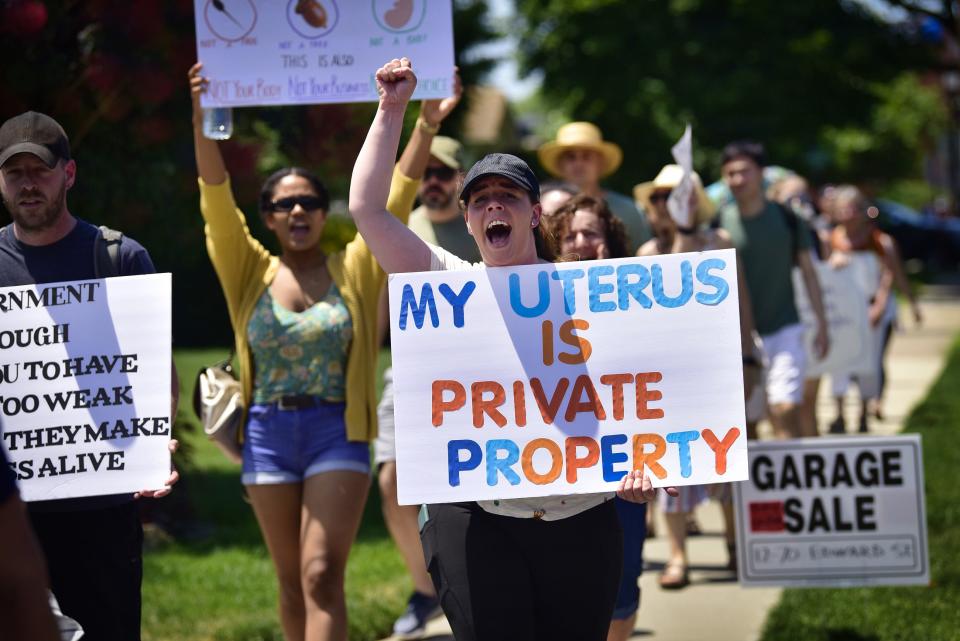 Pro-abortion protesters are seen marching toward a Pride block party outside of the Municipal Building in Fair Lawn, Sunday on 06/26/22.