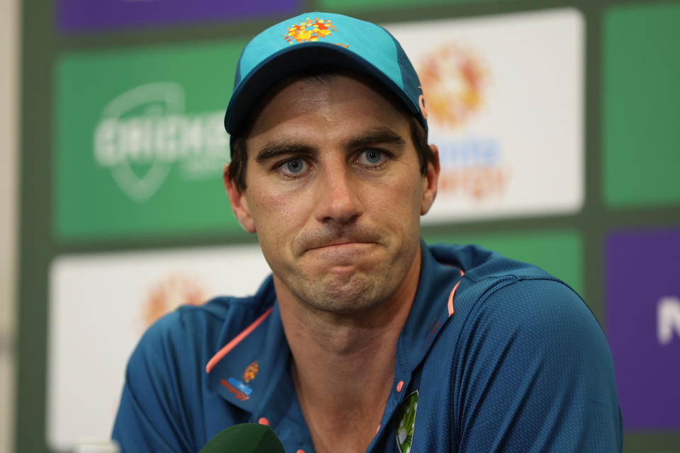 Seen here, Australia Test captain Pat Cummins addresses the media after day five of the first Test against West Indies in Perth.