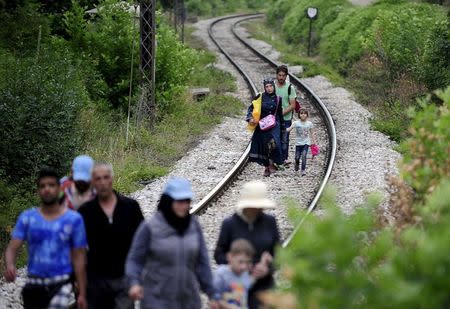 Migrants from Syria walk in Macedonia near the Greek border June 17, 2015. REUTERS/Ognen Teofilovski