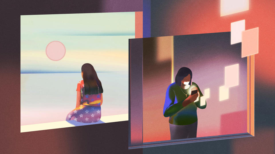 Illustration of a young female-presenting person sitting on a windowsill looking out at a rising sun; in the opposite window, an older woman looks at her phone screen as illuminated phone screen shapes float out the window. (Ibrahim Rayintakath for NBC News)