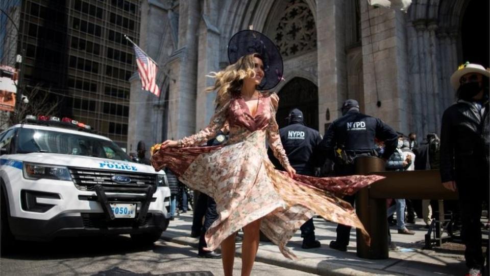 A woman attends the annual Easter Parade and Bonnet Festival on Fifth Avenue, amid the coronavirus disease (COVID-19) pandemic, in New York City, U.S., April 4, 2021.