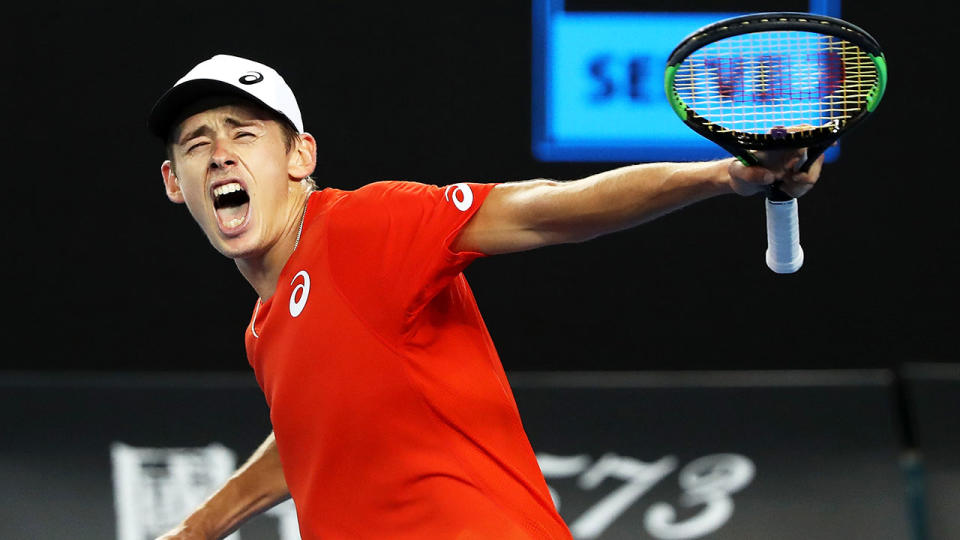 De Minaur celebrates his epic second round win. Pic: Getty