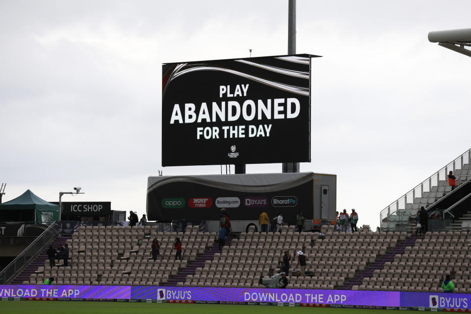 An announcement is displayed after the play was abandoned for the day on the third day of the World Test Championship final cricket match between New Zealand and India, at the Rose Bowl in Southampton, England, Sunday, June 20, 2021. (AP Photo/Ian Walton)
