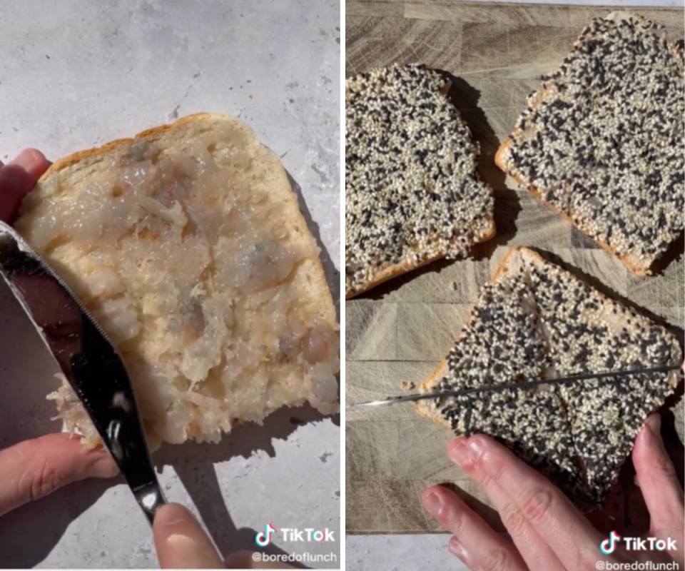 Two side by side images, the left of scraping raw mashed prawns on a piece of toast and on the right, covered in sesame seeds.