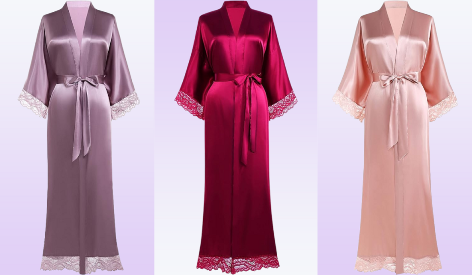 3 long satin kimono style robes in light purple, red, and light pink