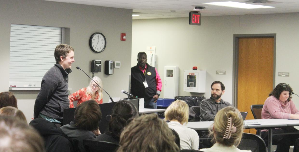 A parent of a Templeton Elementary student talks during the Monroe County Community School Corp. meeting Tuesday. Most of the speakers during the public comment period shared thoughts on a proposal to merge elementary schools.