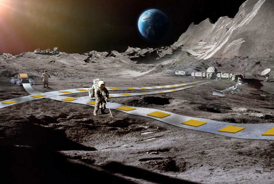 <em><sub>Artist concept of novel approach proposed by a 2024 NIAC Phase II awardee for possible future missions depicting lunar surface with planet Earth on the horizon.<br>(Credit: NASA / Ethan Schaler)</sub></em>