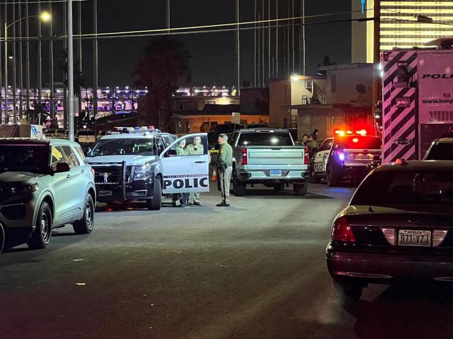 Metro police investigate a deadly shooting in the 200 block of West Chicago Avenue near The Strat Hotel and Casino on Jan. 17, 2024 (KLAS)