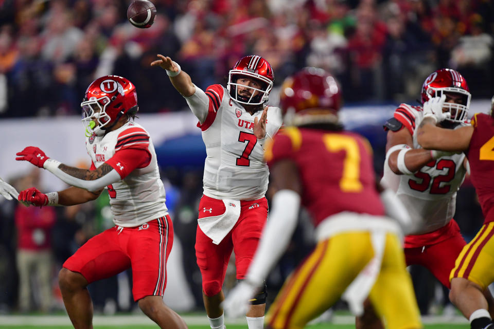 Dec 2, 2022; Las Vegas, NV, USA; Utah Utes quarterback Cameron Rising (7) throws against the Southern California Trojans during the first half of the PAC-12 Football Championship at Allegiant Stadium. Mandatory Credit: Gary A. Vasquez-USA TODAY Sports