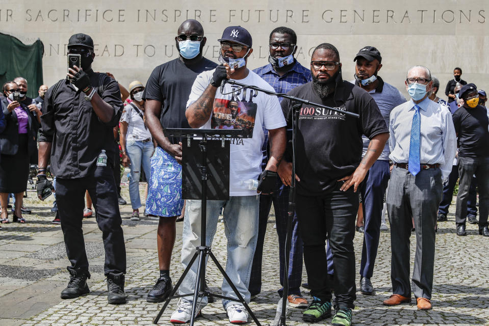 Terrence Floyd, brother of the deceased George Floyd, speaks to the crowd during a rally at Cadman Plaza Park, Thursday, June 4, 2020, in the Brooklyn borough of New York. Protests continued following the death of George Floyd, who died after being restrained by Minneapolis police officers on May 25. (AP Photo/John Minchillo)