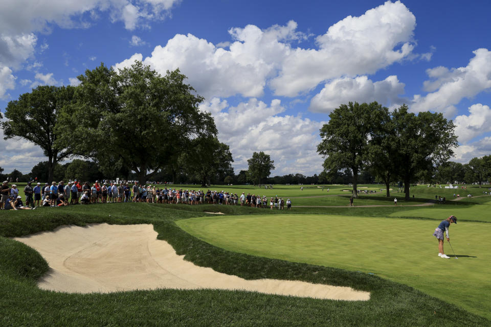 Paula Creamer putts on the fourth green during the second round of the LPGA Tour Kroger Queen City Championship golf tournament in Cincinnati, Friday, Sept. 9, 2022. (AP Photo/Aaron Doster)