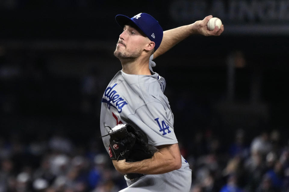 Los Angeles Dodgers starting pitcher Michael Grove throws to a Chicago Cubs batter during the first inning of a baseball game in Chicago, Thursday, April 20, 2023. (AP Photo/Nam Y. Huh)