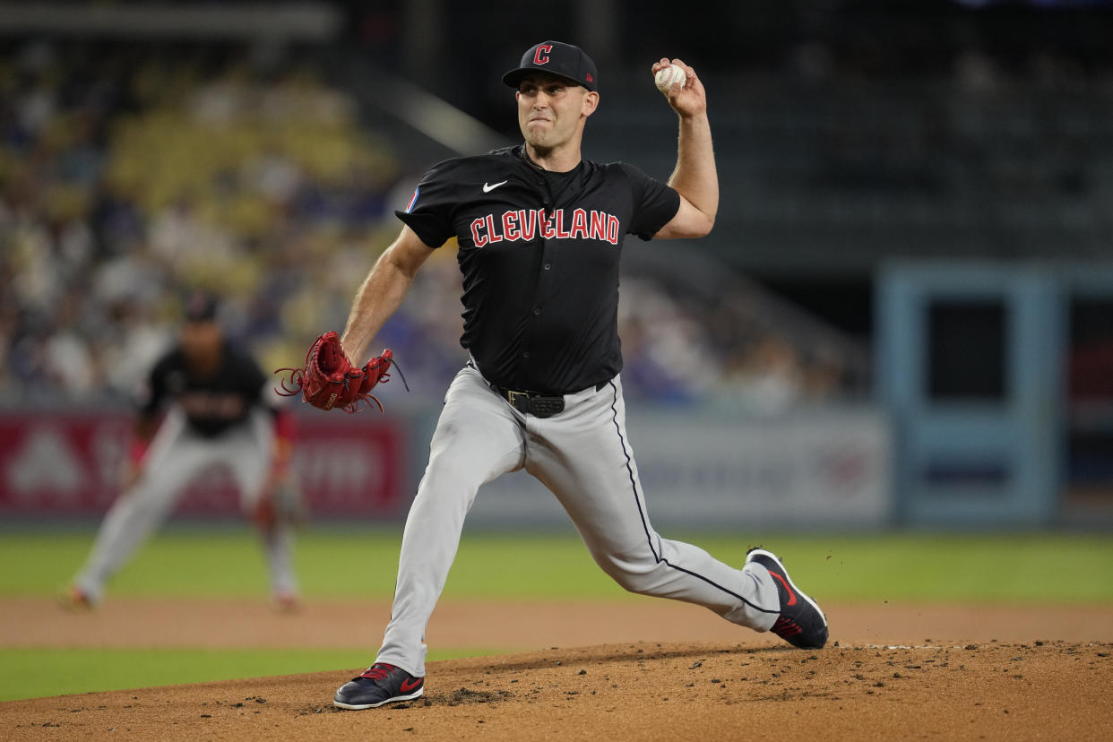 Cleveland Guardians starting pitcher Matthew Boyd throws during the first inning of a baseball game against the Los Angeles Dodgers in Los Angeles, Friday, Sept. 6, 2024. (AP Photo/Ashley Landis)