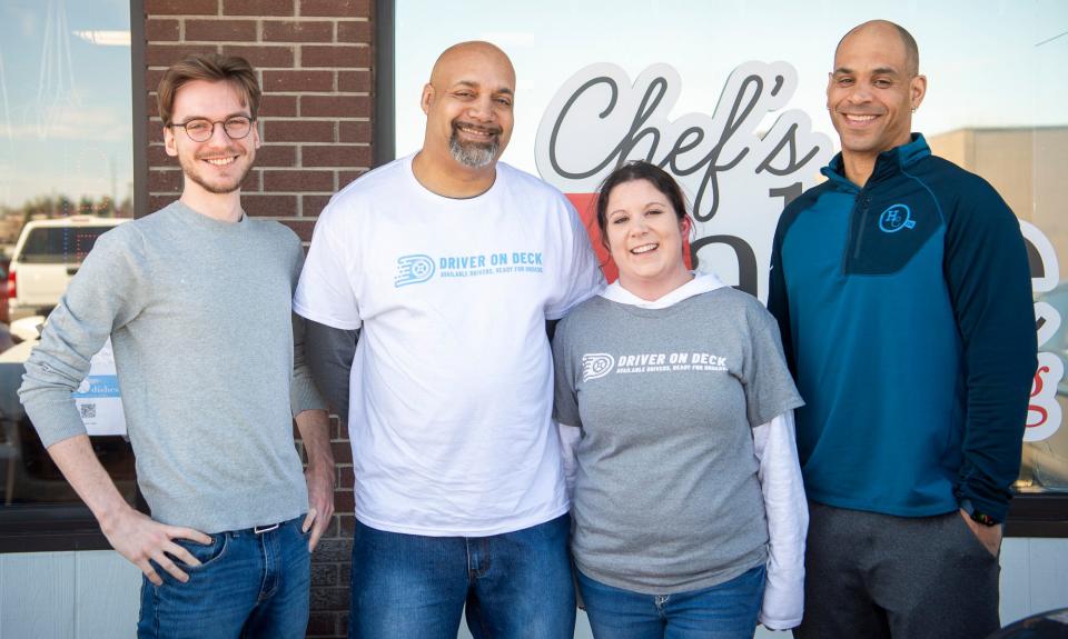 The Driver On Deck crew, from left, Ashton Hershberger, Nate Harris, Victoria LaRocca, and Brandon Ice pose in front of Chef's Table Catering on Wednesday, March 21, 2024.