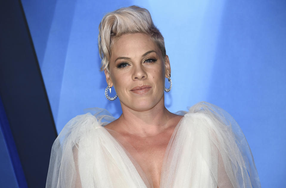 Pink arrives at the 51st annual CMA Awards on Wednesday, Nov. 8, 2017, in Nashville, Tenn. (Photo by Evan Agostini/Invision/AP)