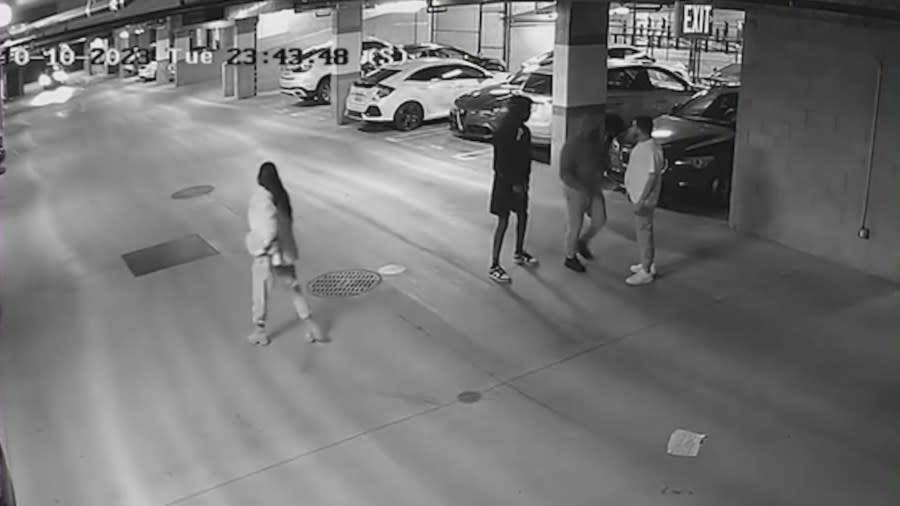 Surveillance video on Oct. 10, 2023 captured two suspects wanted for a series of violent follow-home robberies across North Hollywood. (Los Angeles Police Department)