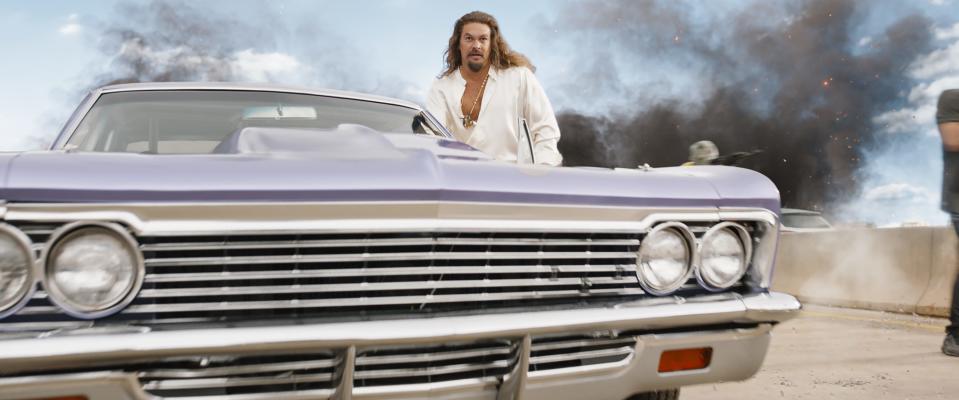 Dante Reyes (Jason Momoa) arrives in a purple Impala to give the heroes fits in "Fast X."