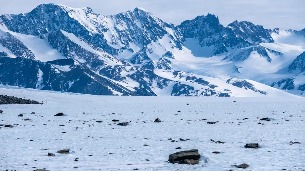  Dark rocks strewn across the ice in Antarctica. 