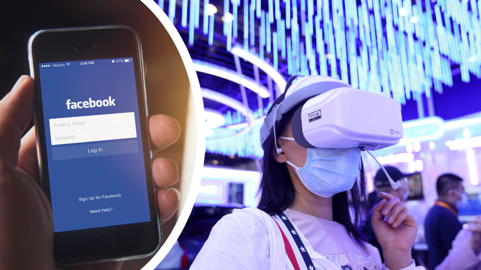 The Facebook login page on a smart phone and a woman wearing virtual reality goggles.