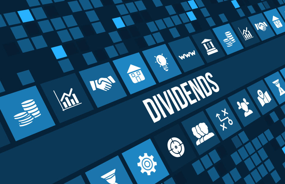 Industry symbols and the word "Dividends" on a blue background of squares.