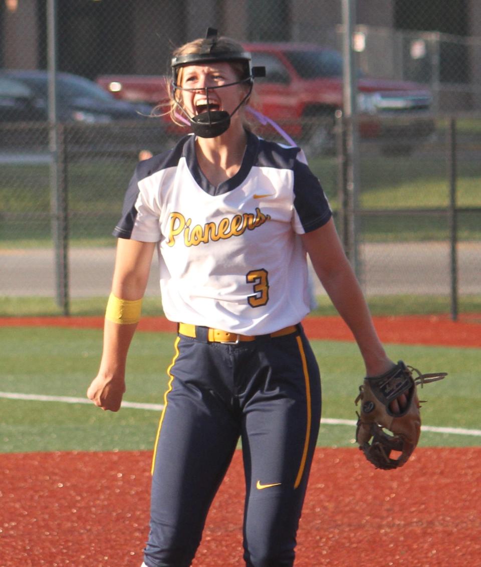 Mooresville junior Alex Cooper celebrates the last strikeout of the night over Center Grove to win 7-1 in the first round of the IHSAA Sectional tournament.