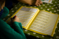 Eight-year-old girl Juliana does her schoolwork at the Arche, or Ark, an organization that supports children, youth and families, in the Hellersdorf neighbourhood, on the eastern outskirts of Berlin, Germany, Tuesday, Feb. 23, 2021. Since the outbreak of the coronavirus pandemic, the Arche has had to reduce their real face-to-face assistance or traditional classroom schooling as an offer for children, mainly from underprivileged families, drastically. Some kids are still allowed to come over in person, but only once every two weeks. (AP Photo/Markus Schreiber)