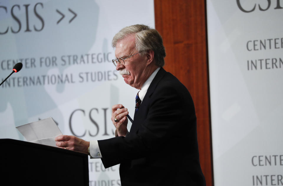 Former National security adviser John Bolton walks up to the podium to begin speaking at the Center for Strategic and International Studies in Washington, Monday, Sept. 30, 2019. (AP Photo/Pablo Martinez Monsivais)